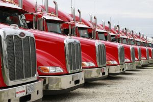 Close up of a row of red lorries